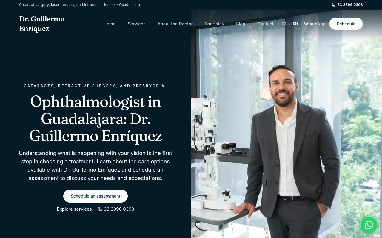Página de inicio de la versión en inglés del sitio de oftalmología del Dr. Guillermo Enríquez en Guadalajara