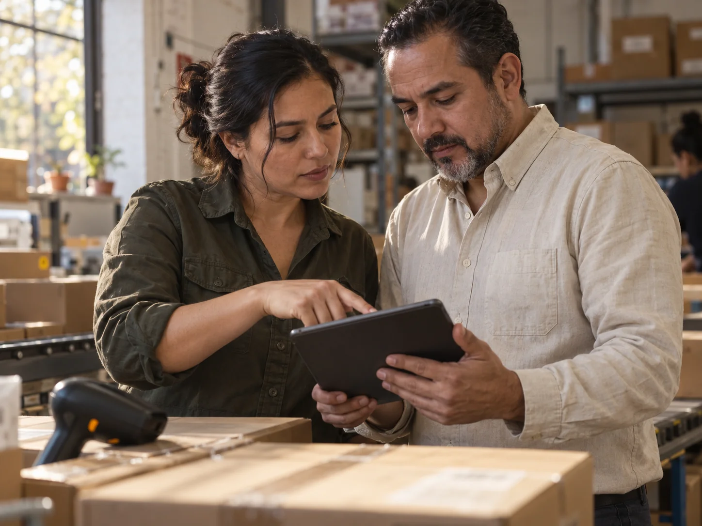 Escena conceptual: dos profesionales revisan una operación logística en una tablet