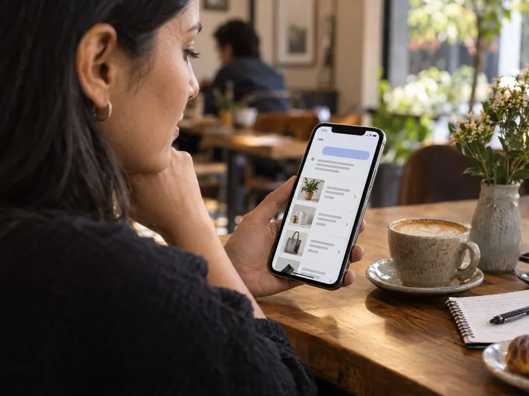 Escena conceptual: una persona consulta recomendaciones de negocios en su teléfono
